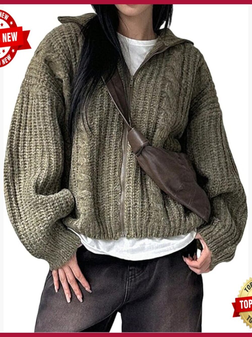 Oversized Chunky Cable Knit Cardigan with Zipper Collar Cozy Fall Sweater